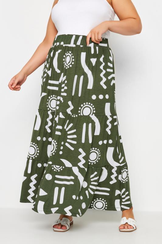YOURS Plus Size Green Abstract Print Tiered Maxi Skirt | Yours Clothing 1