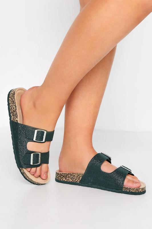 Black Glitter Buckle Strap Footbed Sandals In Extra Wide EEE Fit | Yours Clothing  1