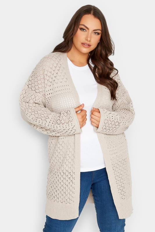 YOURS Plus Size Beige Brown Pointelle Longline Cardigan | Yours Clothing 1