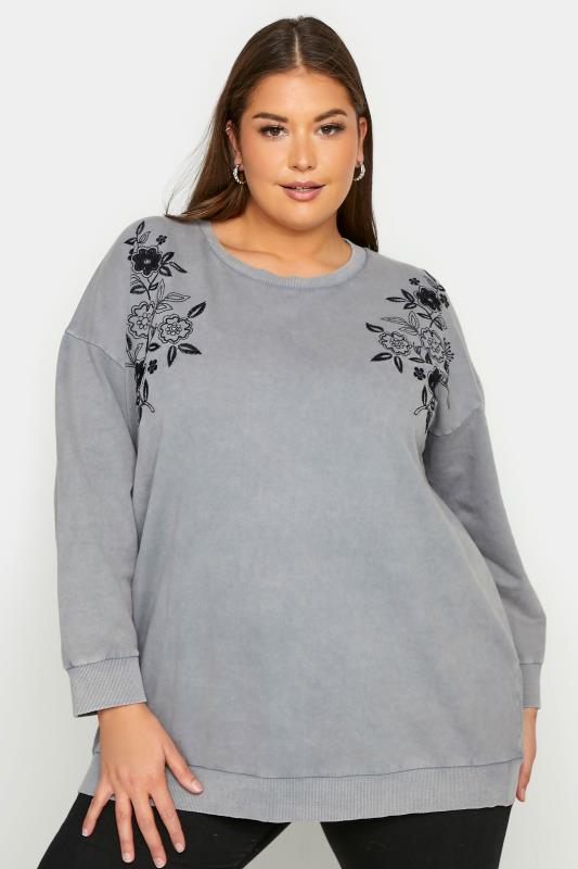 Plus Size  Curve Grey Embroidered Floral Print Sweatshirt