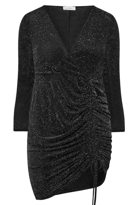 Curve Ruched Black & Silver Glitter Wrap Dress | Yours Clothing 6
