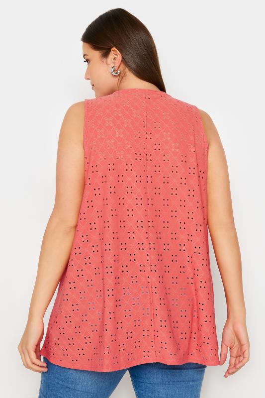 YOURS Plus Size Coral Pink Broderie Anglaise Swing Vest Top | Yours Clothing 3