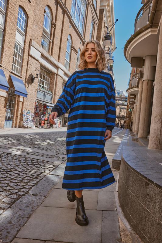 YOURS Plus Size Blue Stripe Print Oversized T-Shirt Dress | Yours Clothing 1