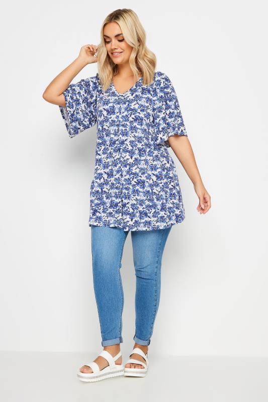 YOURS Plus Size Blue Floral Pleated Swing Top | Yours Clothing  2