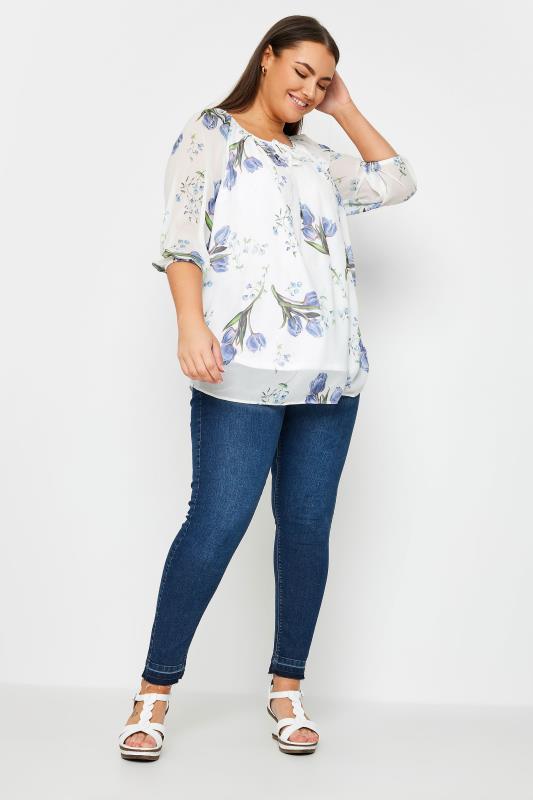 YOURS Plus Size White & Blue Floral Print Tie Neck Blouse | Yours Clothing 2