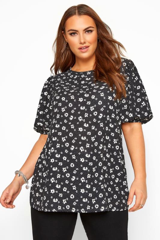 Black Floral Print Puff Sleeve Top | Yours Clothing