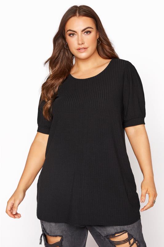 Plus Size Black Rib Puff Sleeve Top | Yours Clothing