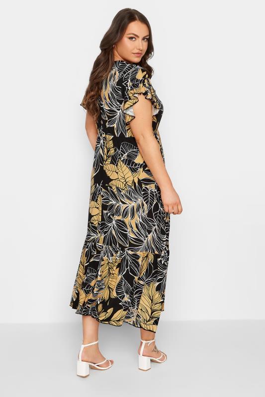 YOURS Plus Size Black & Yellow Floral Print Frill Sleeve Wrap Maxi Dress | Yours Clothing 3