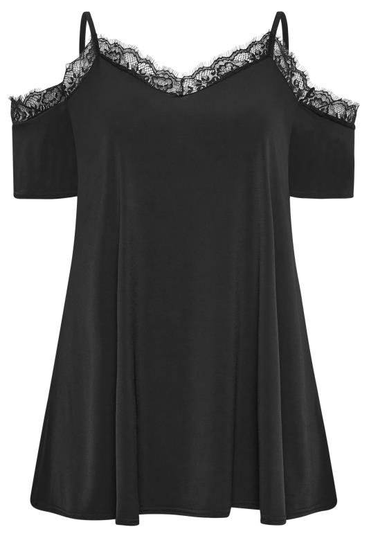 YOURS LONDON Plus Size Black Lace Trim Cold Shoulder Top | Yours Clothing 6