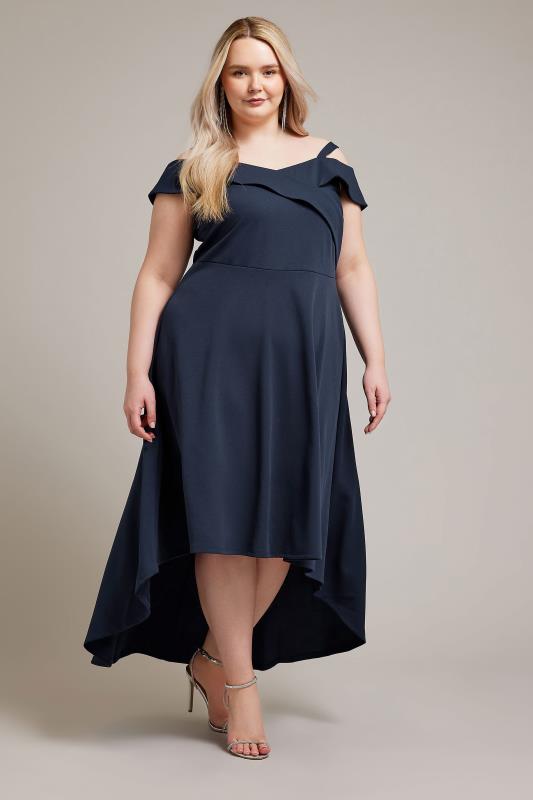 Plus Size  YOURS LONDON Curve Navy Blue Bardot Dipped Hem Dress