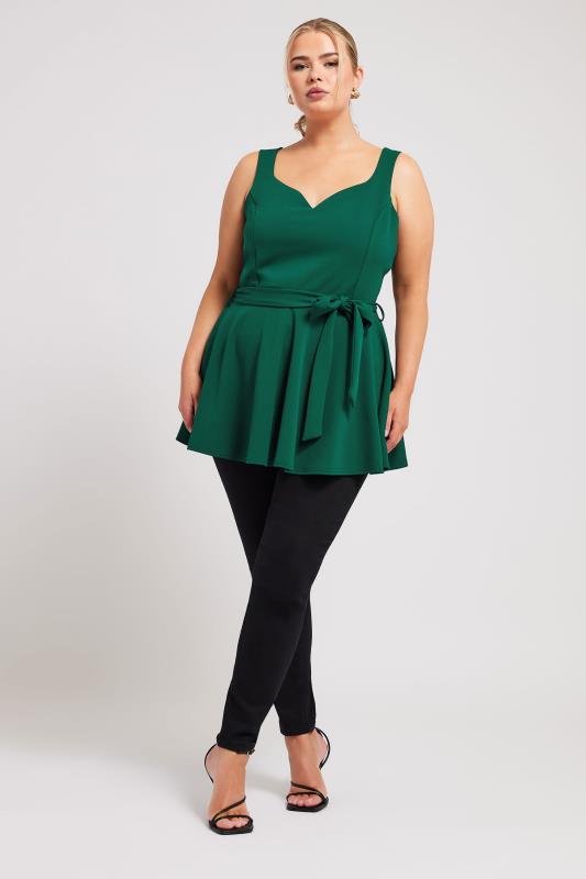YOURS LONDON Plus Size Green Sleeveless Peplum Top | Yours Clothing 2