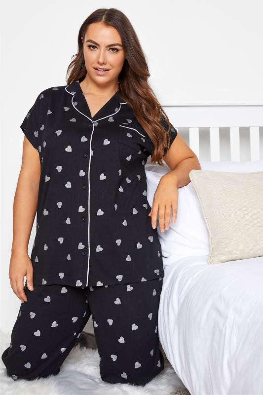 Plus Size Black Glitter Heart Pyjama Set | Yours Clothing 2