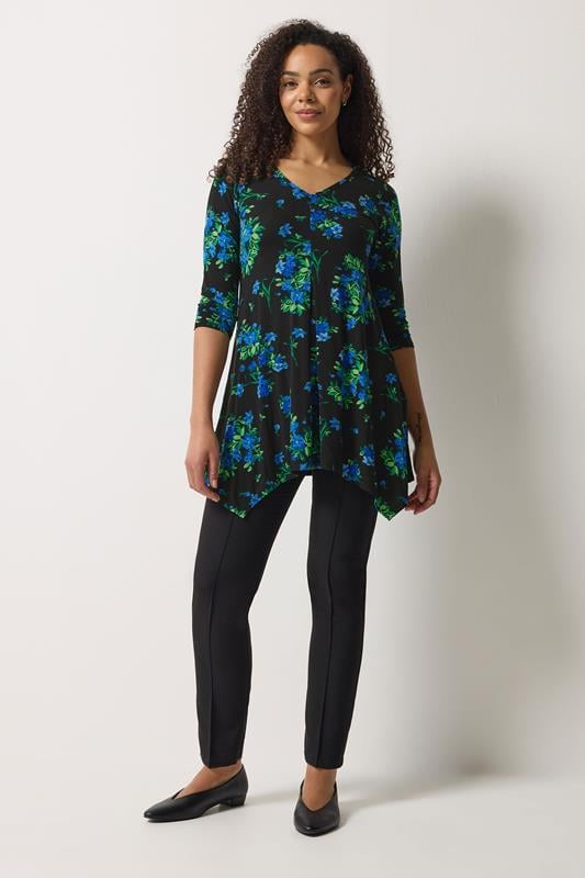 M&Co Black Floral Hanky Hem Top | M&Co 1