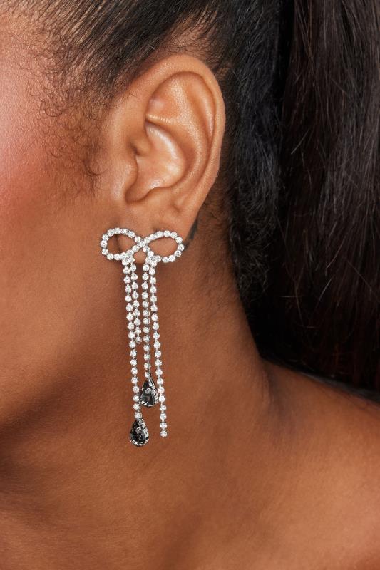 Silver Bow Drop Diamante Earrings | Yours Clothing 1