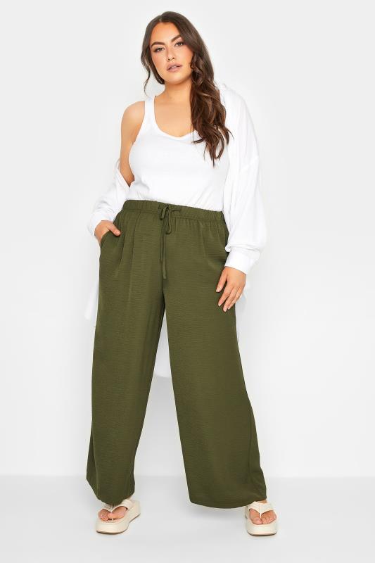 YOURS Plus Size Khaki Green Washed Twill Wide Leg Trousers | Yours Clothing 2