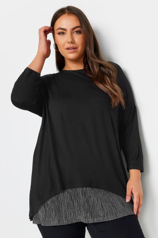 YOURS Plus Size Black Mesh Hem Top | Yours Clothing 1