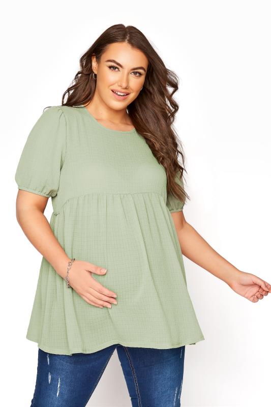  dla puszystych BUMP IT UP MATERNITY Curve Sage Green Textured Puff Sleeve Smock Top