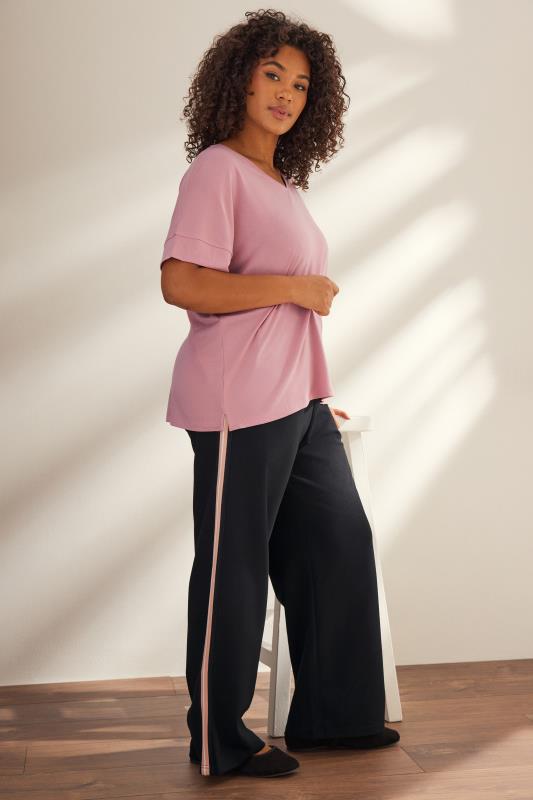 EVANS Curve Black & Pink Side Stripe Wide Leg Trousers | Evans 1