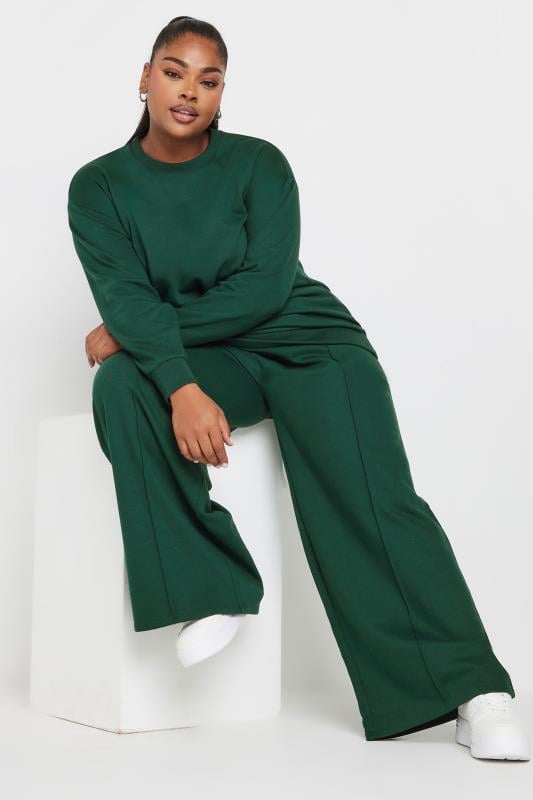 YOURS Plus Size Forest Green Crew Neck Sweatshirt & Wide Leg Jogger Co-Ord Set | Yours Clothing 1