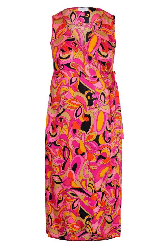 YOURS LONDON Plus Size Hot Pink Abstract Print Satin Wrap Dress | Yours Clothing 6