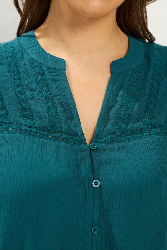 YOURS Curve Teal Blue Notch Neck Crochet Blouse | Yours Clothing  4