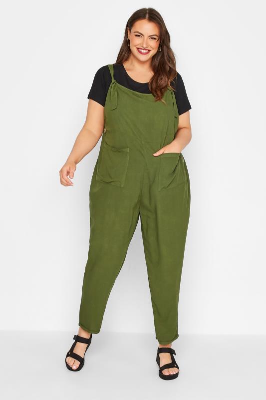 LIMITED COLLECTION Curve Khaki Green Pocket Dungarees_A.jpg