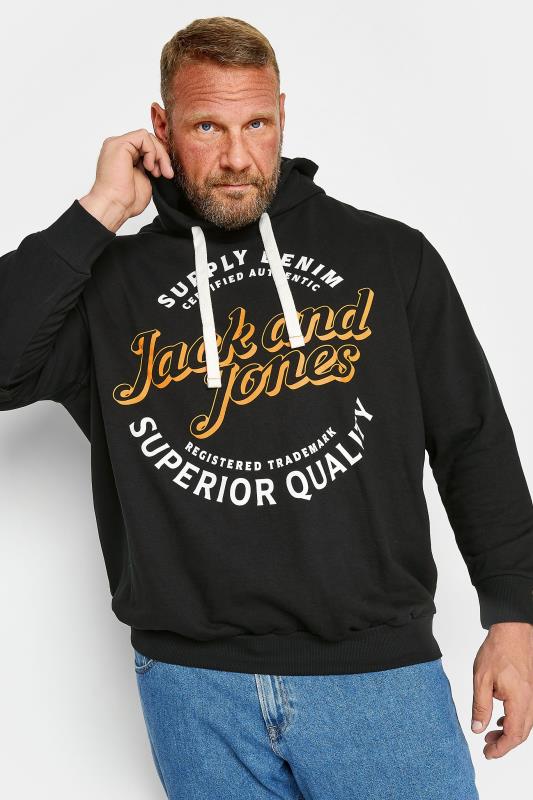 JACK & JONES Big & Tall Black Hooded Logo Print Sweatshirt | BadRhino 1