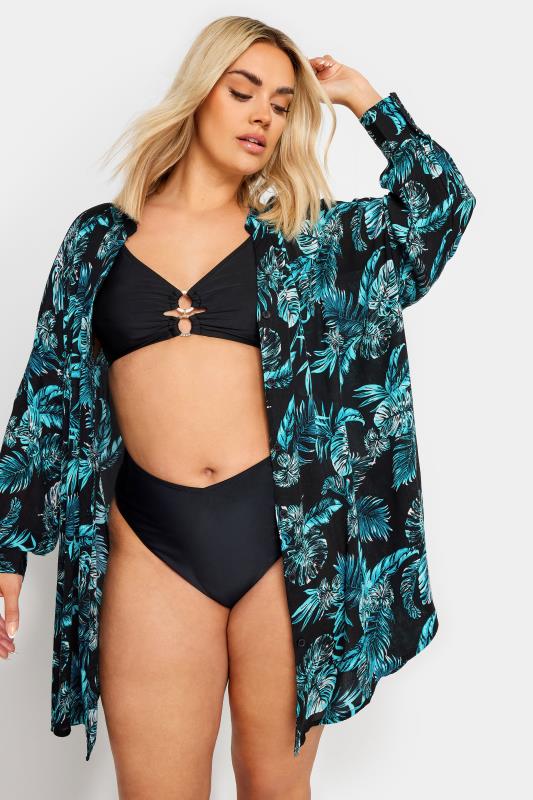 YOURS Plus Size Black Tropical Print Crinkle Beach Shirt | Yours Clothing 1