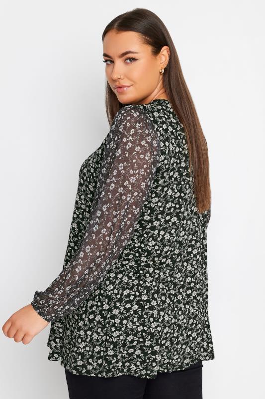 YOURS Plus Size Blue Floral Print Mesh Sleeve Top | Yours Clothing
