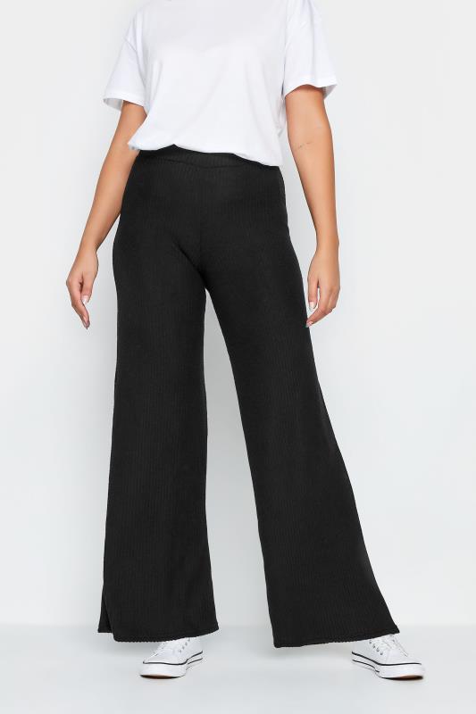LTS Tall Black Ribbed Wide Leg Knitted Trousers| Long Tall Sally  1
