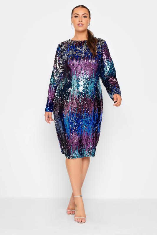 YOURS LONDON Curve Blue Ombre Sequin Embellished Shift Dress | Yours Clothing 2