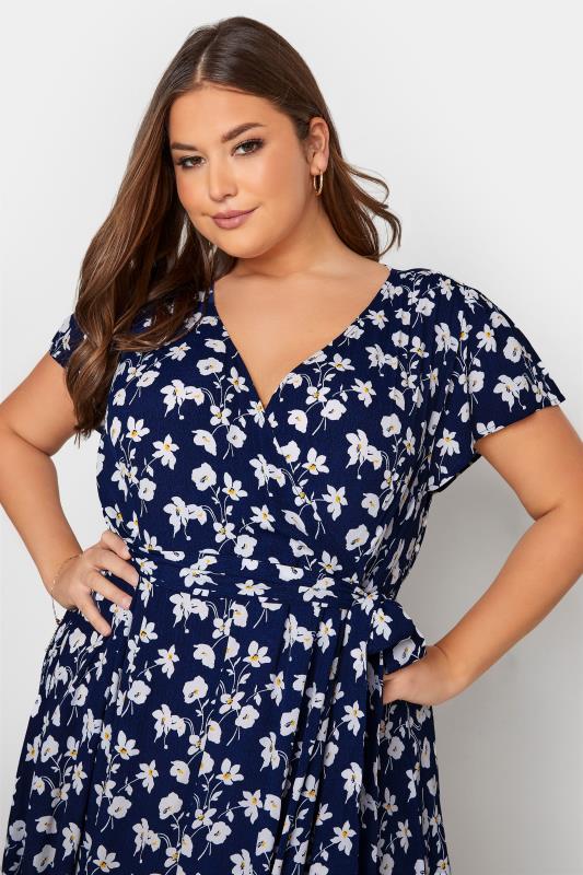 YOURS LONDON Plus Size Navy Blue Floral High Low Wrap Dress | Yours Clothing  4