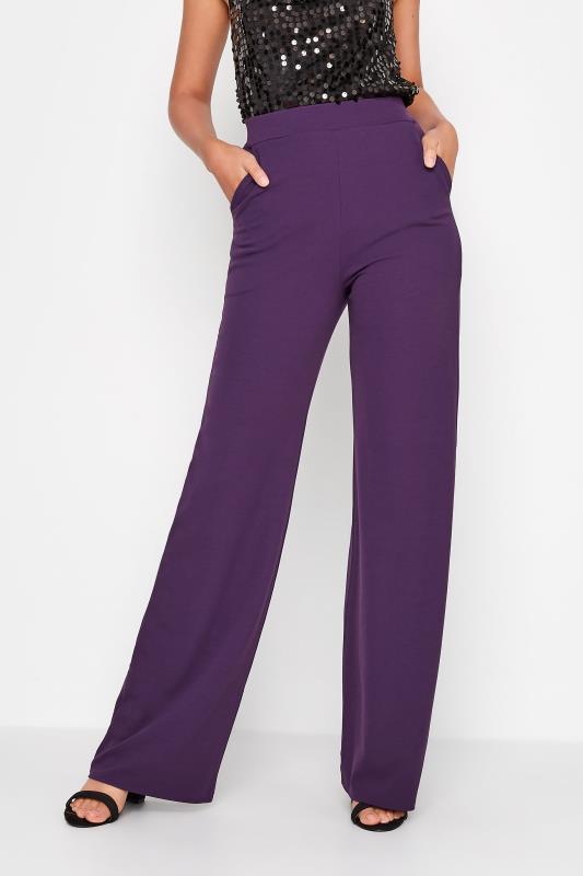 LTS Tall Dark Purple Scuba Wide Leg Trousers 1