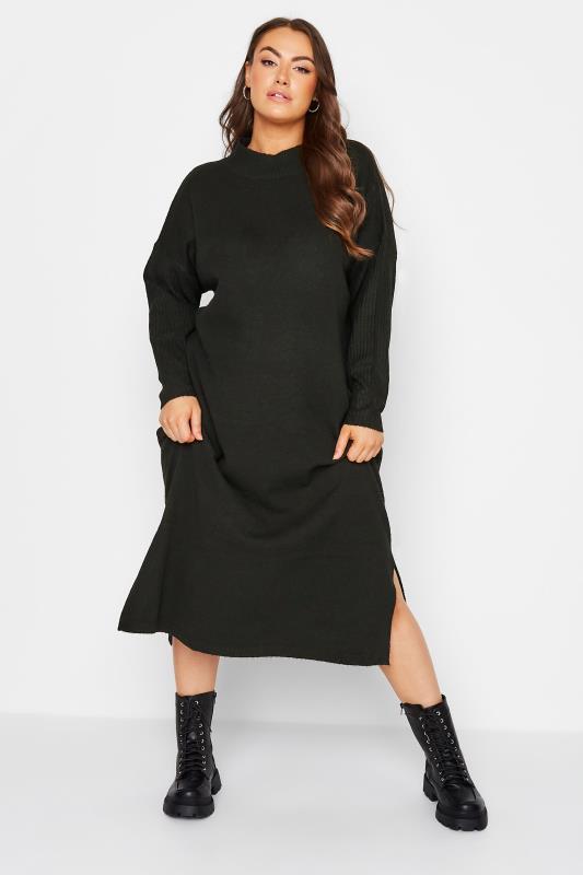 Plus Size  Curve Black High Neck Knitted Maxi Jumper Dress