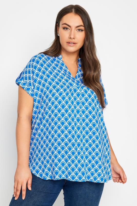 YOURS Plus Size Blue Geometric Print Blouse | Yours Clothing 1