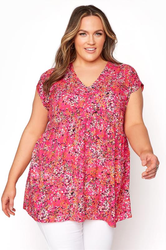 YOURS LONDON Pink Floral Print Dipped Hem Top_A.jpg