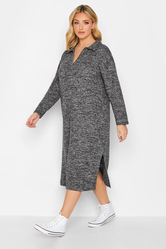 Plus Size Grey Textured Soft Touch Open Collar Midi Dress | Yours Clothing  2