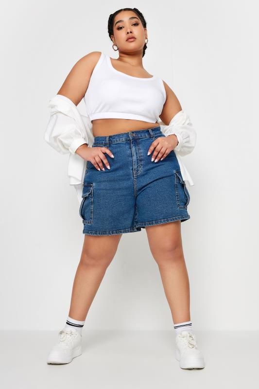 YOURS Plus Size Mid Blue Stretch Denim Cargo Shorts | Yours Clothing 2