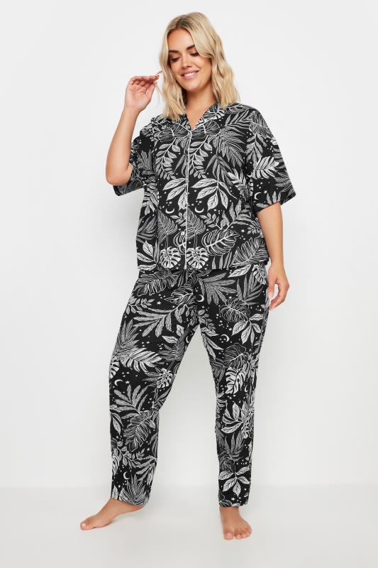 YOURS Plus Size Black Midnight Palm Print Button Through Pyjama Set | Your Clothing 3