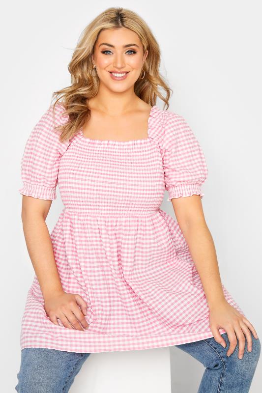 Curve Pink Gingham Shirred Top 1