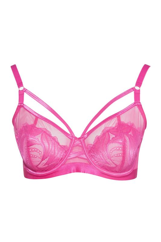 Plus Size Hot Pink Lace Strap Detail Non-Padded Underwired Balcony Bra | Yours Clothing 4