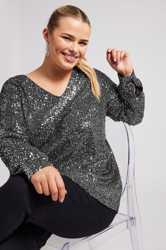 YOURS LONDON Plus Size Silver Sequin V-Neck Top | Yours Clothing 1