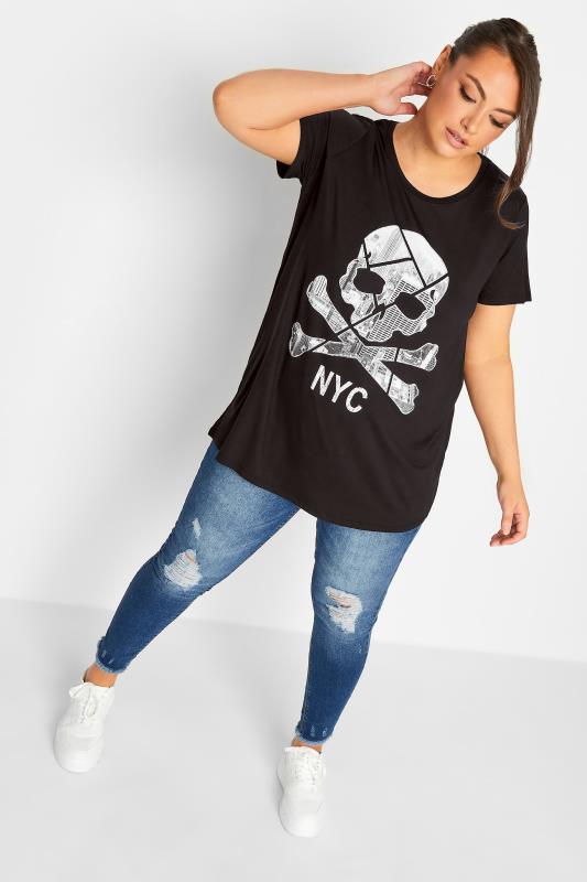 YOURS Curve Plus Size Black NYC Skull Print T-Shirt | Yours Clothing  2