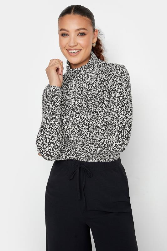  Grande Taille LTS Tall Black Ditsy Print Roll Neck Cotton Top