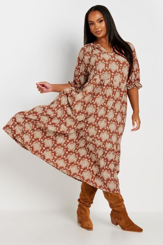 Plus Size  YOURS Curve Rust Orange Tile Print Tiered Midi Dress