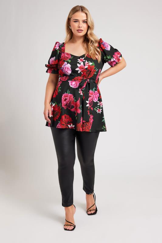 YOURS LONDON Plus Size Black & Pink Floral Print Peplum Top | Yours Clothing 2