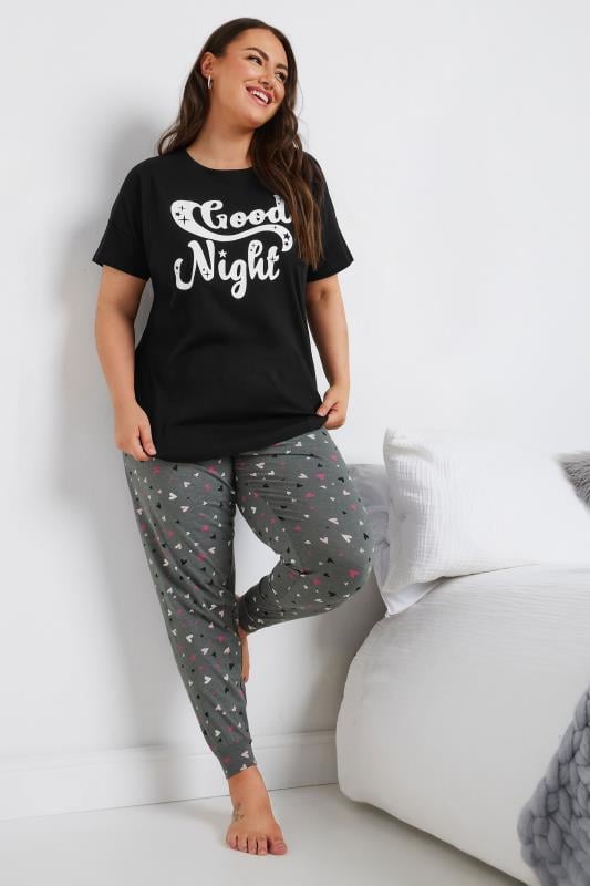 YOURS Plus Size Grey Heart Print Cuffed Pyjama Bottoms | Yours Clothing 3