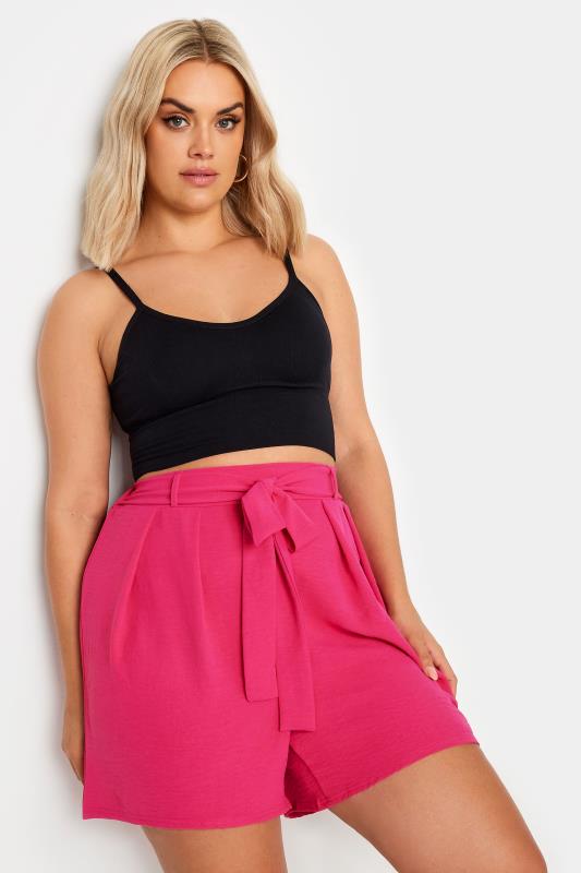 Yours Plus Size Pink Belted Textured Satin Shorts | Yours Clothing 1