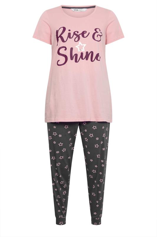 YOURS Plus Size Pink 'Rise & Shine' Star Print Pyjama Set | Yours Clothing 5