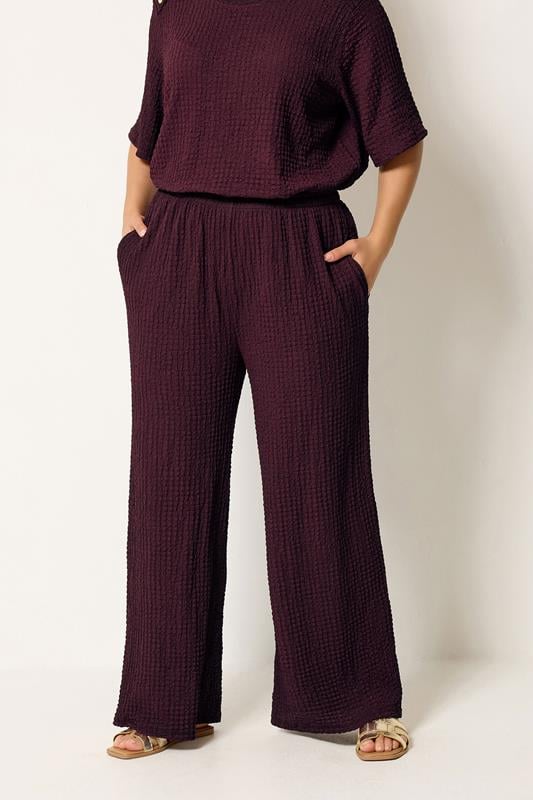  YOURS Curve Burgundy Red Bubble Texture Wide Leg Trousers